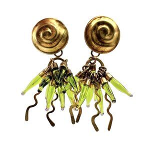 Vintage Early Meryl Waitz Studio Sterling Silver Vermeil & Green Glass Earrings